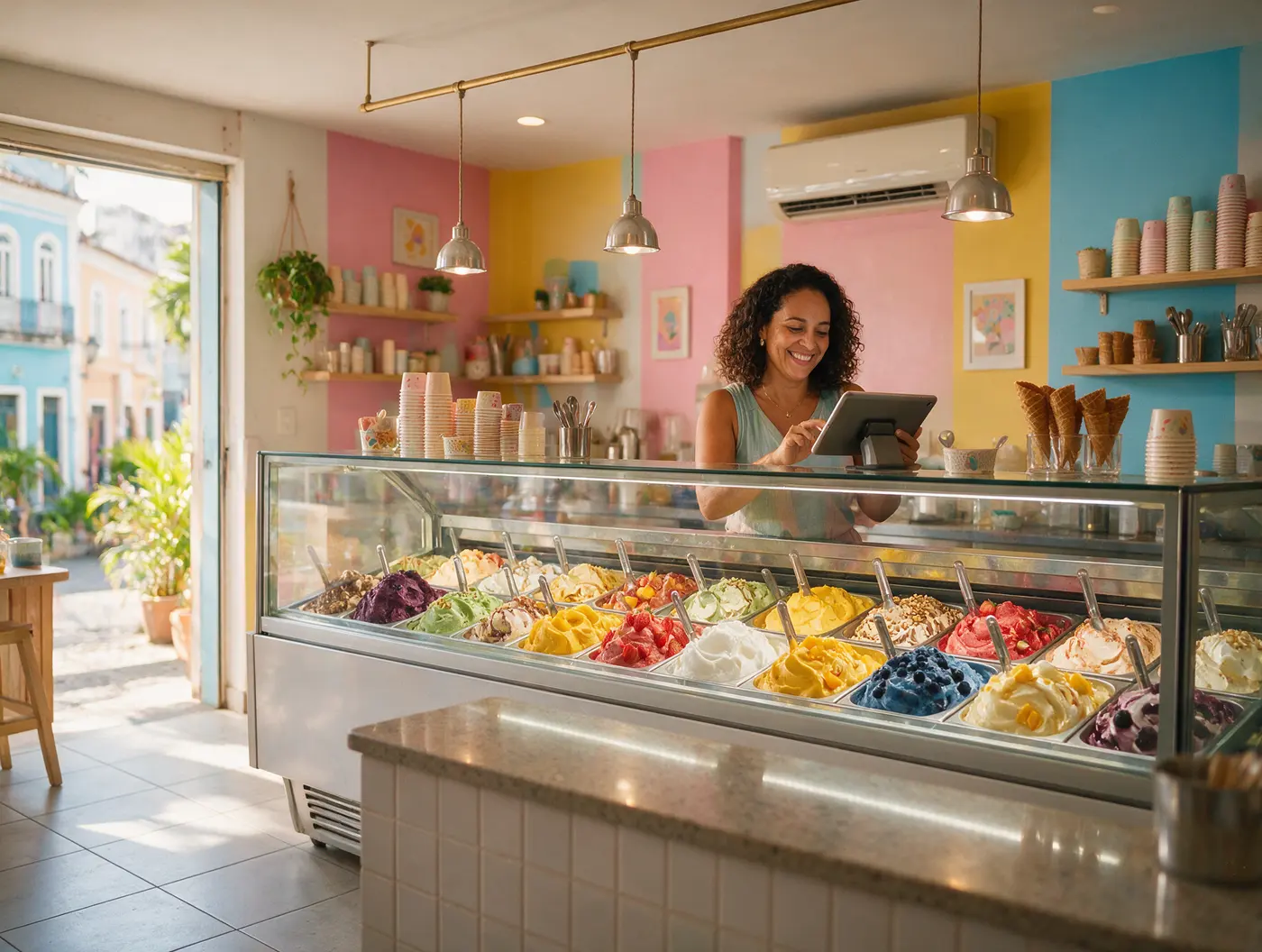 Dona de sorveteria lançando a venda no tablet, no balcão
