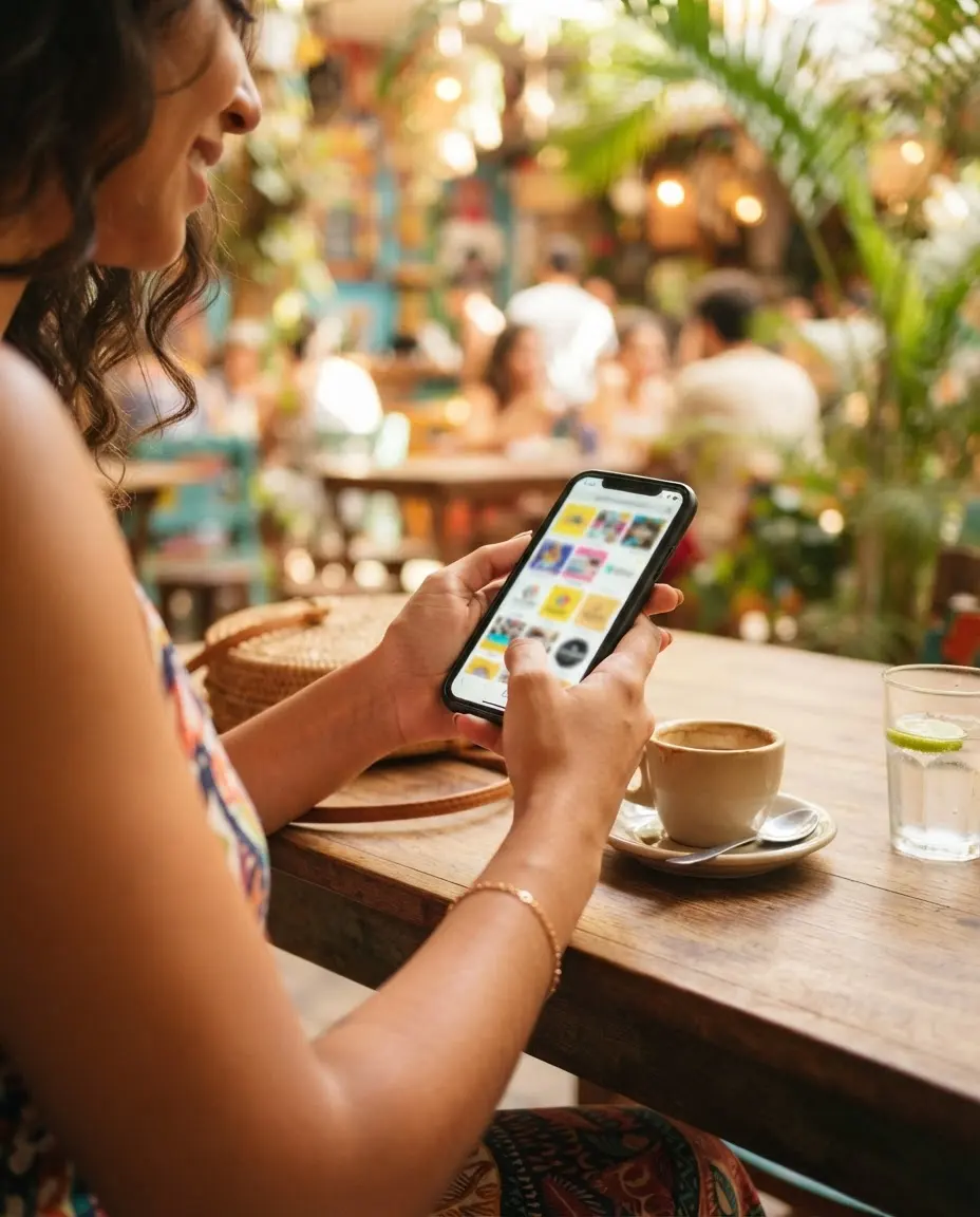 Cliente escolhendo produtos pelo catálogo da loja no celular, numa mesa de café