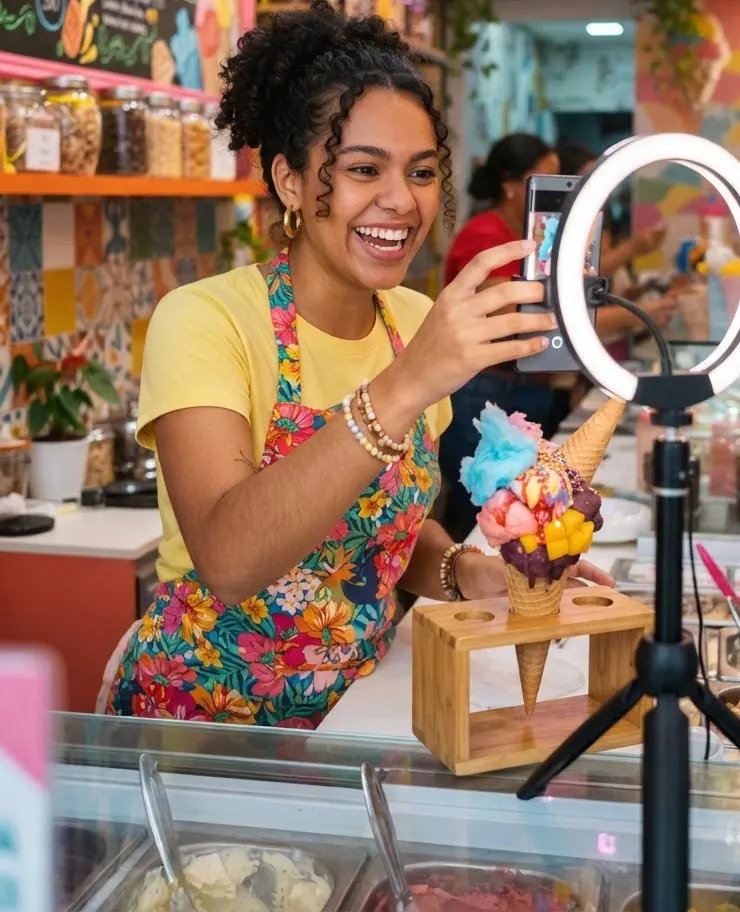Dona de loja gravando um vídeo do produto com o celular e um anel de luz