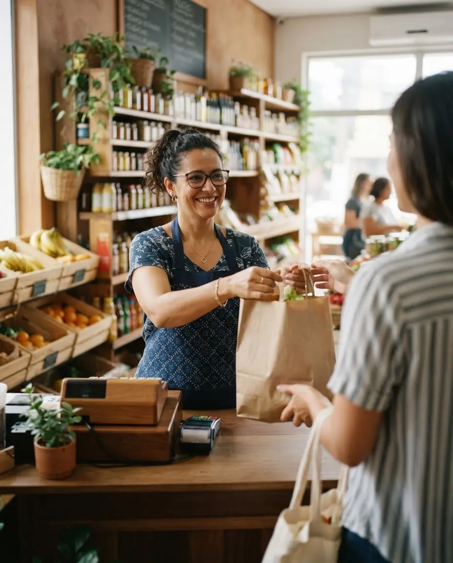 Dona de mercadinho entregando a sacola para a cliente no caixa